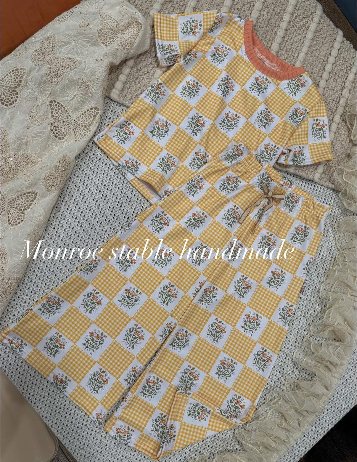 Golden gingham set basic tee with Daphne wide flare pants preorder