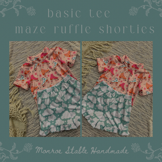 Basic top with ruffle bottom shorties (as is, or pick fabric)