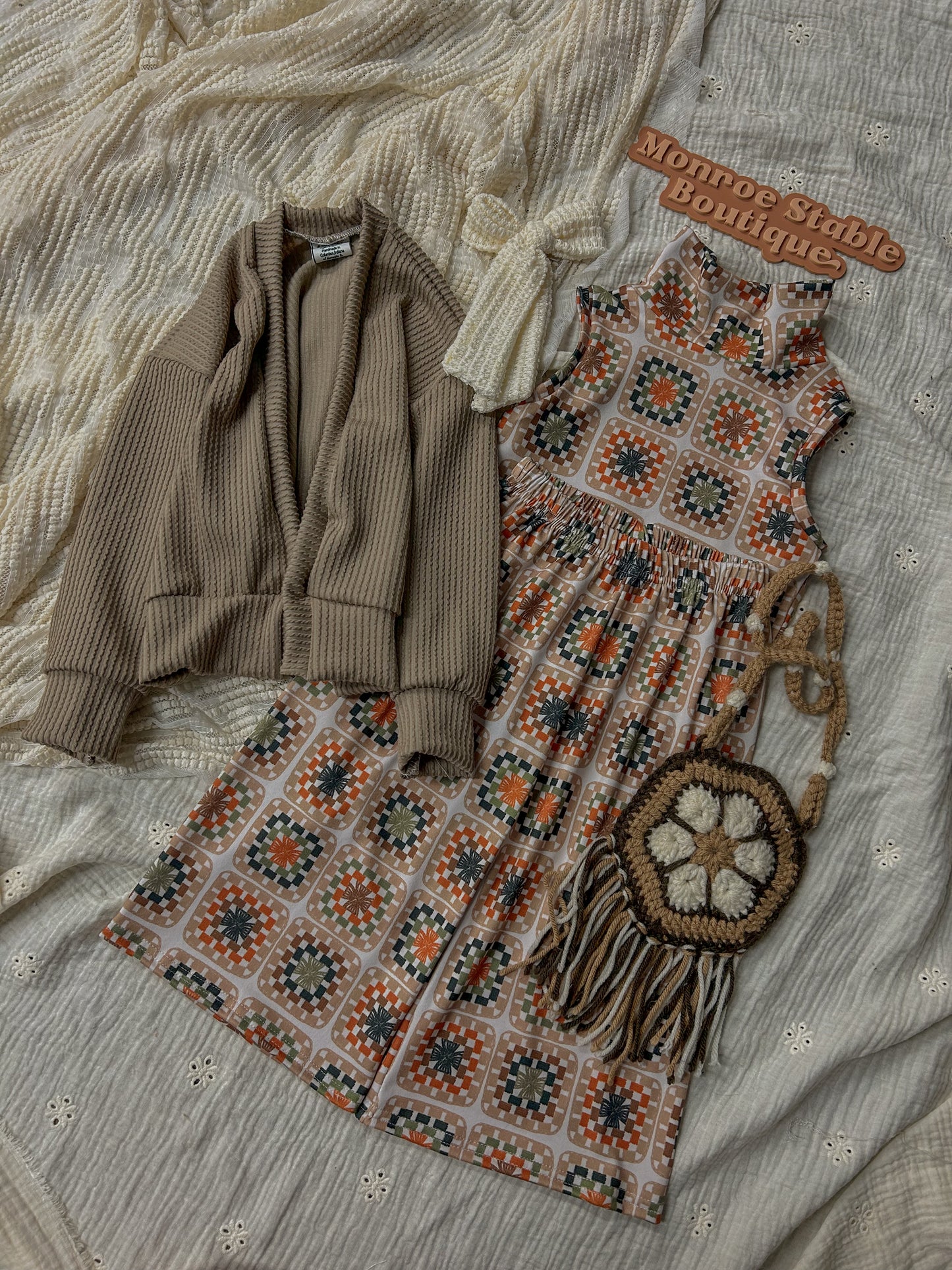 Cardigan with mock tank and flow pants